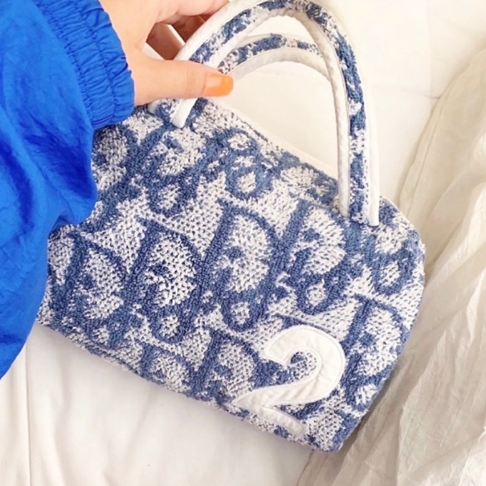 DIOR Blue Terry Cloth Bag Trotter Monogram Diorissimo Boston Cosmetic Pouch